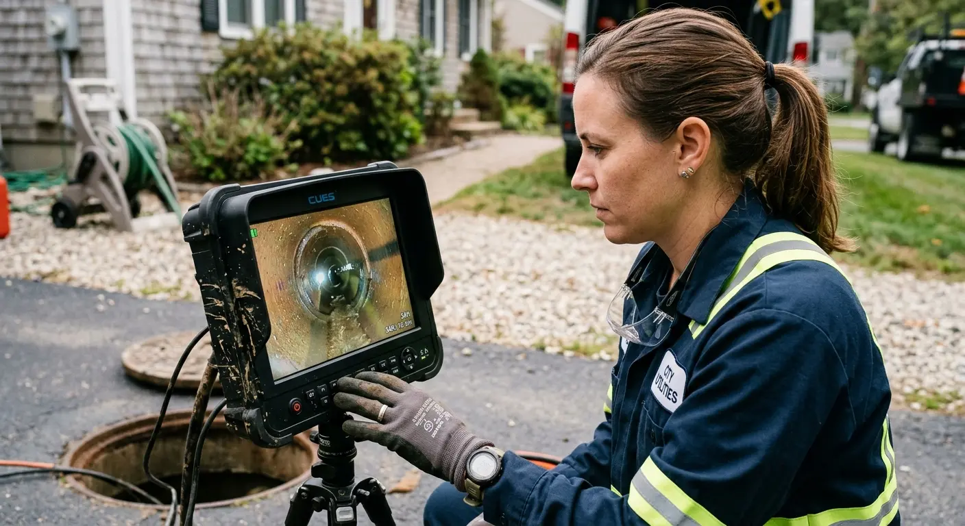 Technician reviewing sewer camera inspection footage in Barbecue