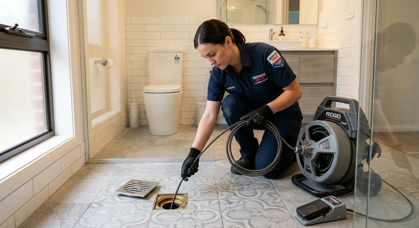 Technician clearing a bathroom floor drain for Hydro Jetting in Barbecue